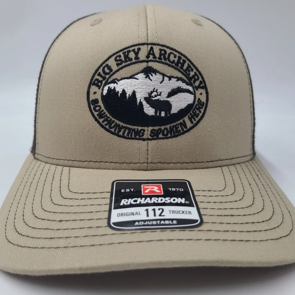 Big Sky Archery Hat Snapback Trucker Mesh Beige Brown Bowhunting‎ Bozeman MT Men